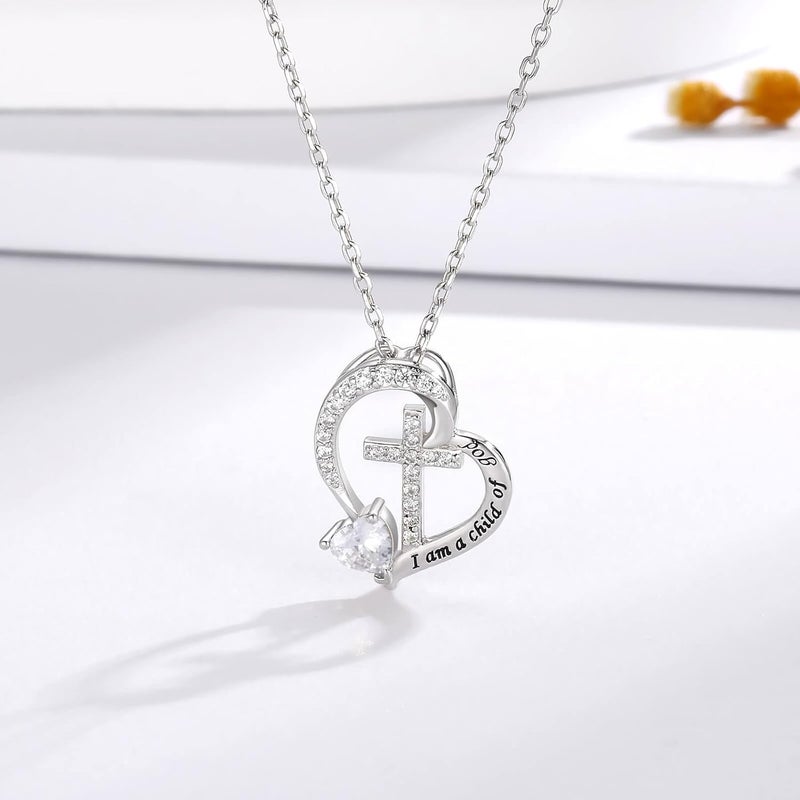 MANBU Sterling Silver Cross Necklace for Girls: Heart Birthstone I am a Child of God Pendant Religious Jewelry Baptism First Communion Confirmation Gifts for Teens - Image 1